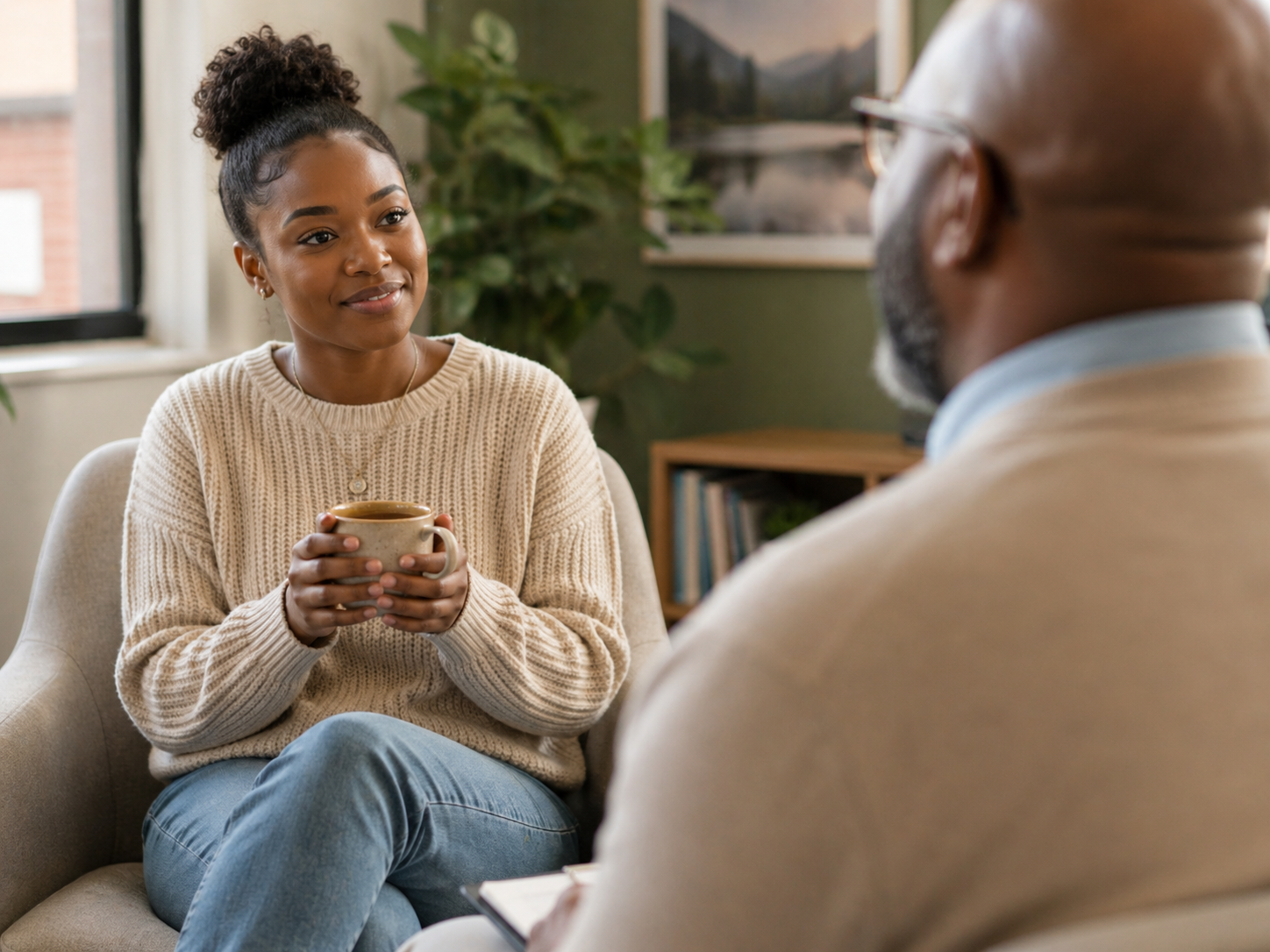 A young African American woman holding a warm mug during a calm, supportive counseling session