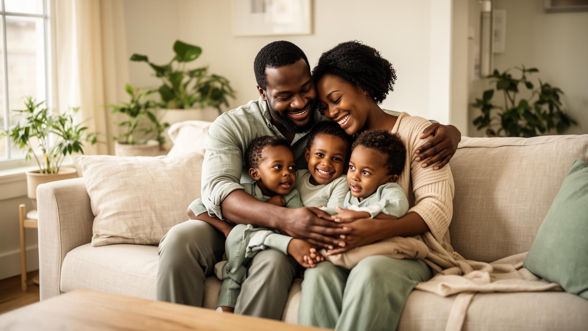 An African American family smiling and embracing together at home, feeling safe and connected